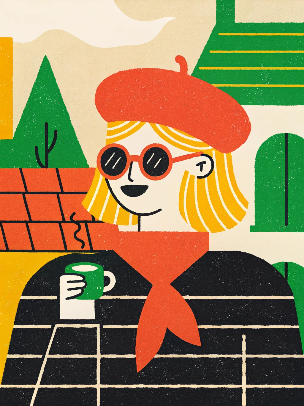 Roffy, the Starbook guide, in a red beret and Breton stripes with an espresso